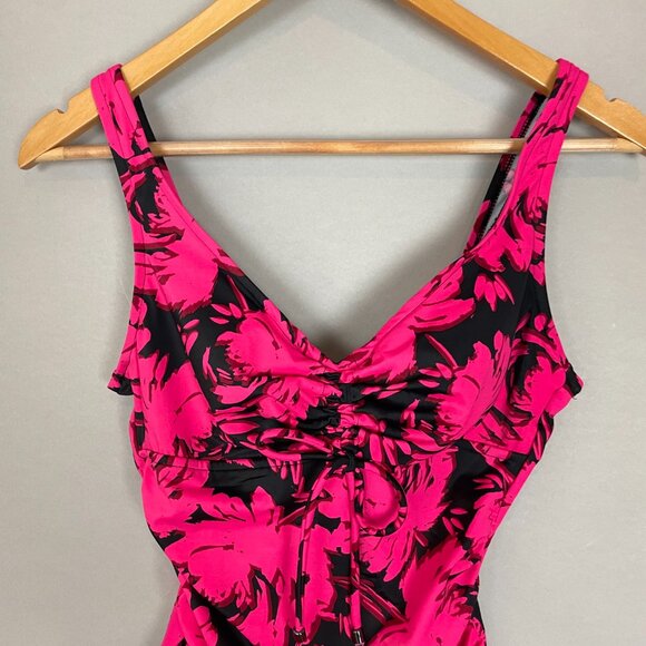 Aqua Green Swimsuit Floral‎ Pink Black Size Small One Piece V-Neck Bathing Suit - Picture 3 of 11